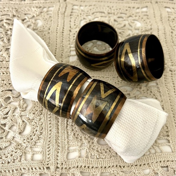 Brass Napkin Rings Aztec Tribal Design By Park B Smith Made In India Set Of‎ 4 - Picture 1 of 11